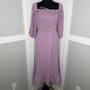 Yesfashion Midi Dress Women XL Lilac Smocked Ruffle Tie Front Balloon Sleeve NEW